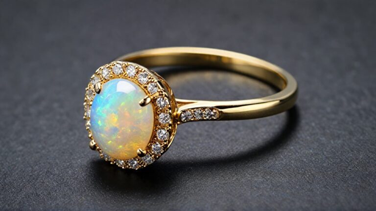 An elegant vintage-inspired yellow gold opal engagement ring with an oval opal, encircled by a delicate diamond halo for timeless charm.