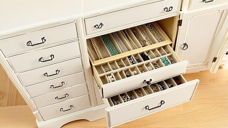 Elegant white jewelry cabinet with open drawers displaying neatly arranged necklaces, rings, and bracelets, emphasizing secure jewelry storage.