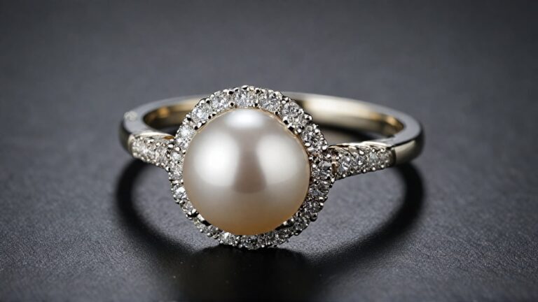 A stunning white pearl engagement ring featuring a diamond halo setting on a silver band, blending classic elegance with timeless sparkle.