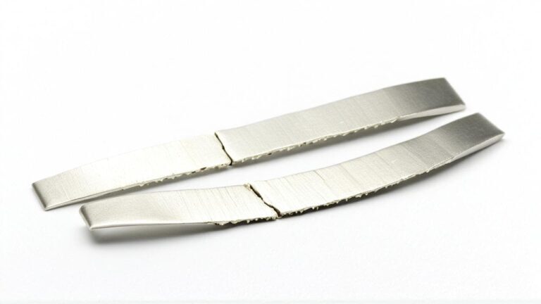 Two broken metal strips showing the effects of work hardening and brittleness in metal that has not been properly annealed.