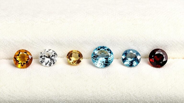 A row of round-cut affordable gemstones including citrine, white topaz, yellow quartz, blue topaz, and garnet displayed on a soft fabric background.