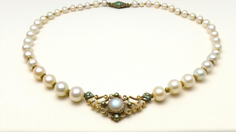 Antique pearl necklace with ornate turquoise clasp, typical high-value inherited jewelry piece for appraisal