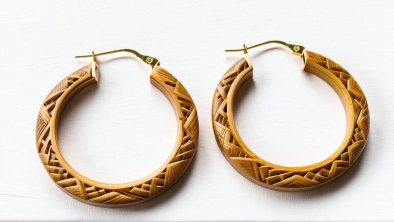 Pair of bamboo hoop earrings featuring detailed geometric carvings, combining lightweight comfort with eco-conscious style.
