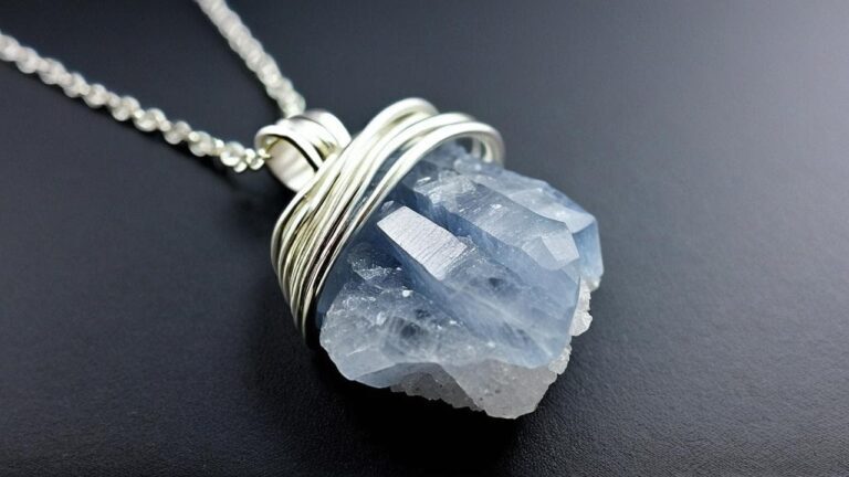 Raw celestite crystal pendant on silver chain with wire wrap setting, showing natural crystal formation and characteristic pale blue color