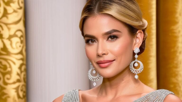 Woman in a silver gown wearing large diamond chandelier earrings for a glamorous black-tie event