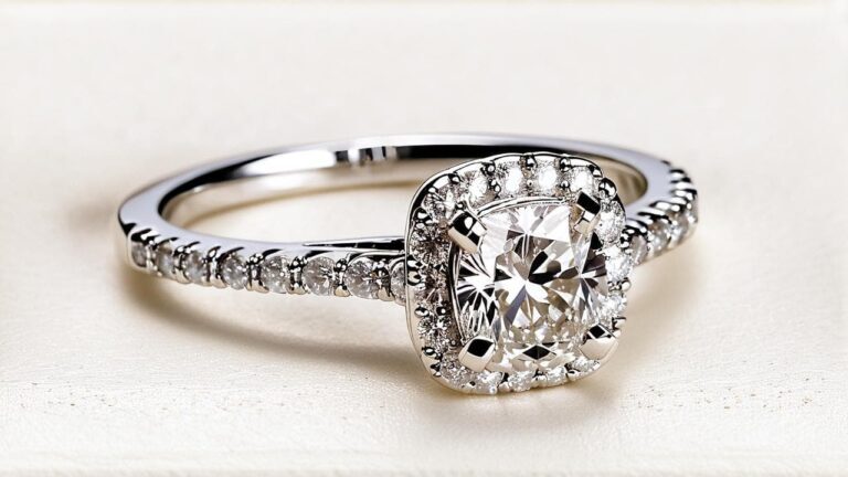 Cushion cut diamond engagement ring in white gold with a halo setting and micro pavé band for maximum brilliance.