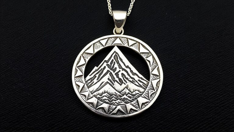 Silver pendant featuring detailed mountain engraving surrounded by sun-like geometric border, showing traditional mountain symbolism in jewelry design