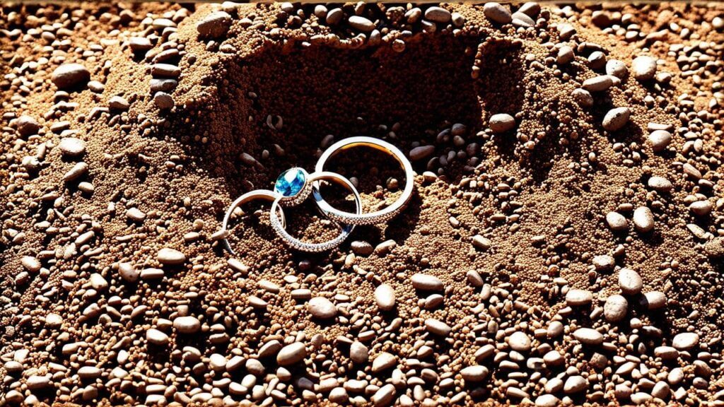 Rings placed in a small pit of soil for earth charging, grounding their spiritual energy.