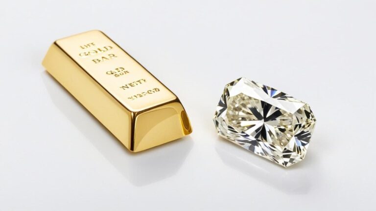Gold bar beside a diamond representing the difference between carat weight and karat gold purity