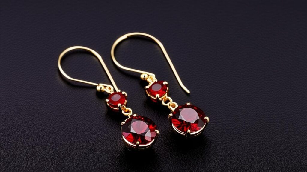 Elegant gold dangle earrings featuring round-cut pyrope garnets with vibrant red color