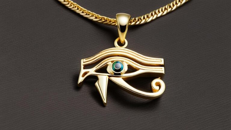 Gold Eye of Horus pendant necklace symbolizing protection and healing in ancient Egyptian tradition