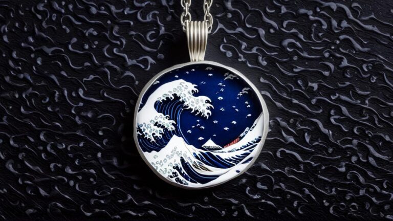 Pendant necklace featuring Hokusai's Great Wave design, symbolizing life's cycles and water's transformative power.