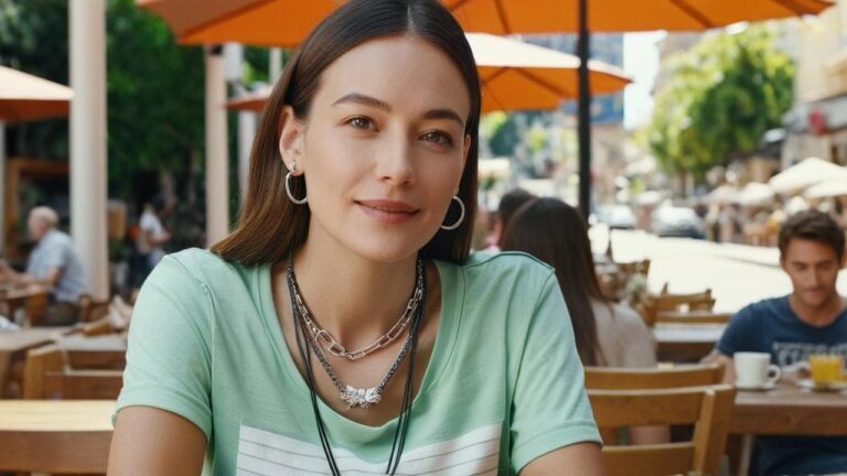 Woman wearing layered necklaces and silver hoop earrings at a coffee shop, perfect casual jewelry for daytime outings