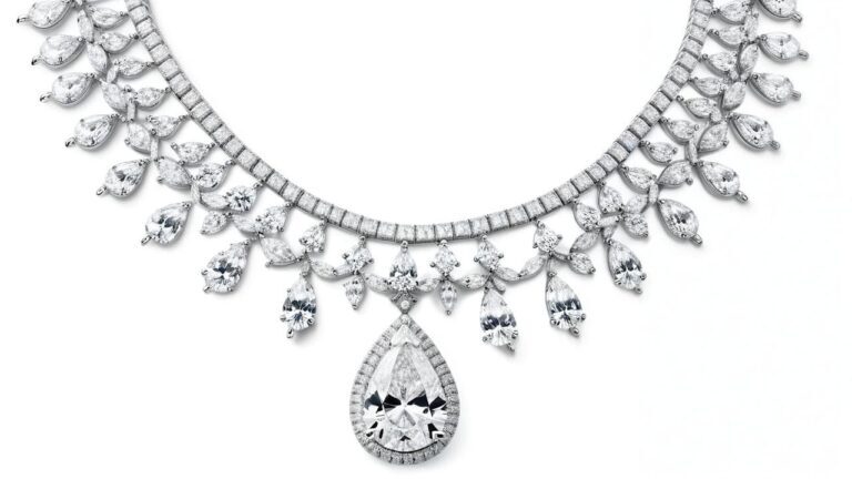 Luxury diamond statement necklace featuring pear-shaped centerpiece and multiple diamond drop elements, similar to pieces that have sold for millions at auction