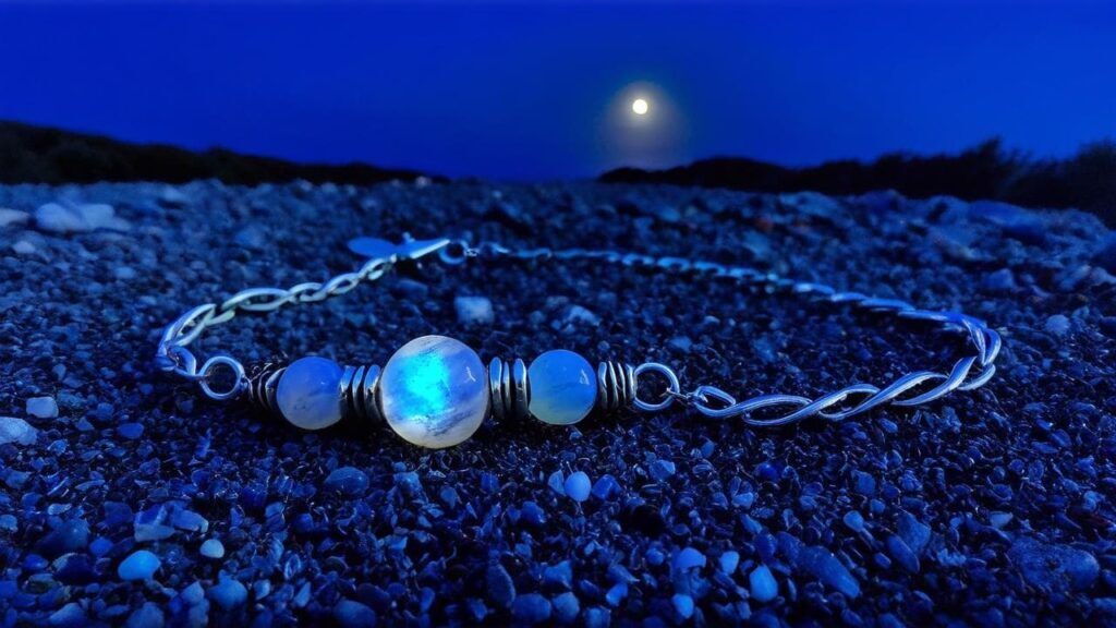 Moonstone bracelet charging under full moonlight on dark gravel, enhancing spiritual energy and intuition.