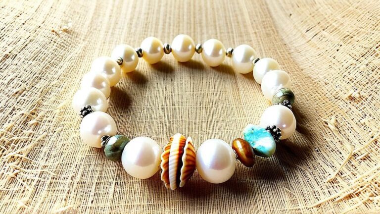 Stretch bracelet made with round pearls, natural shell beads, and decorative spacers, illustrating the blend of organic gemstones in casual jewelry.