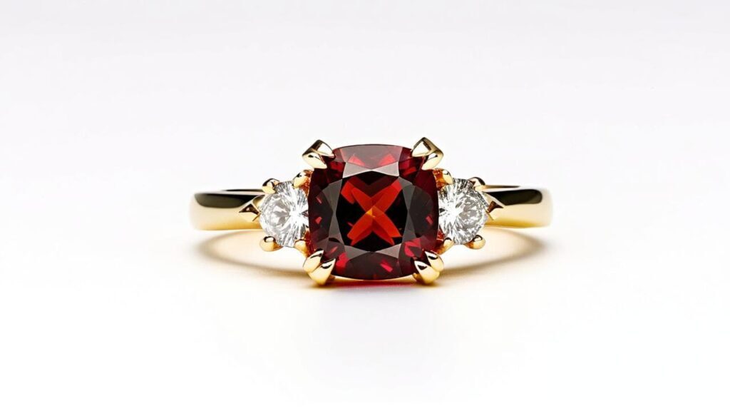 Three-stone gold ring with cushion-cut pyrope garnet and two side diamonds
