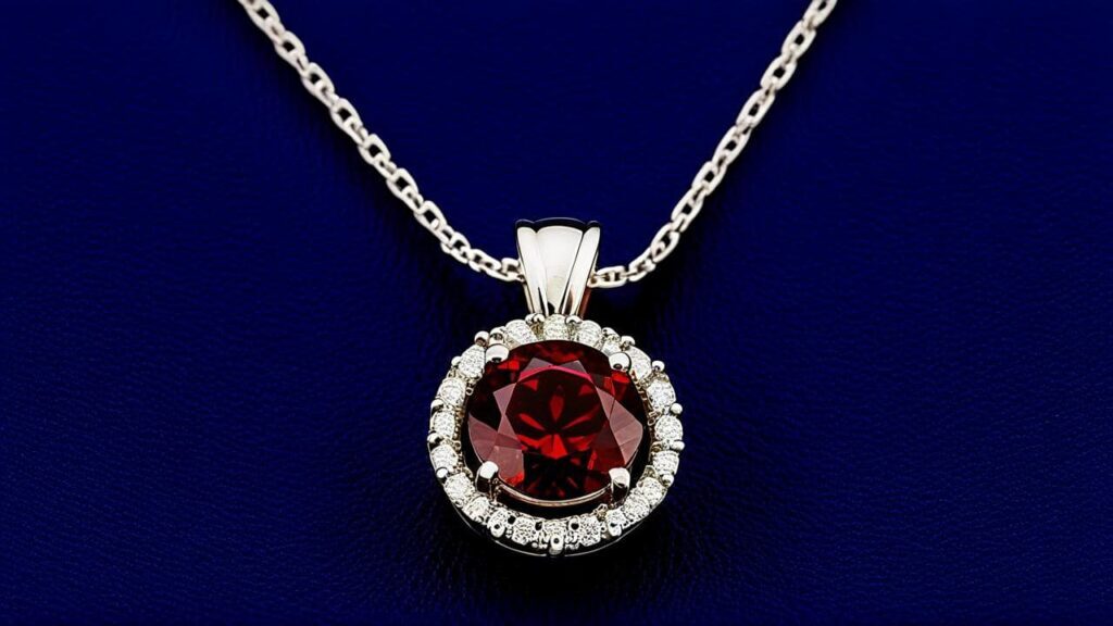 White gold pendant necklace featuring round pyrope garnet surrounded by a halo of diamonds