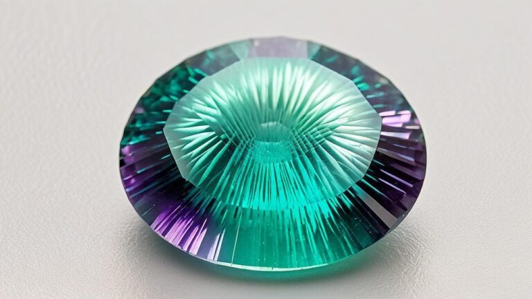 Multicolored rainbow fluorite gemstone with striking green and purple color zoning, expertly faceted to enhance its natural beauty.