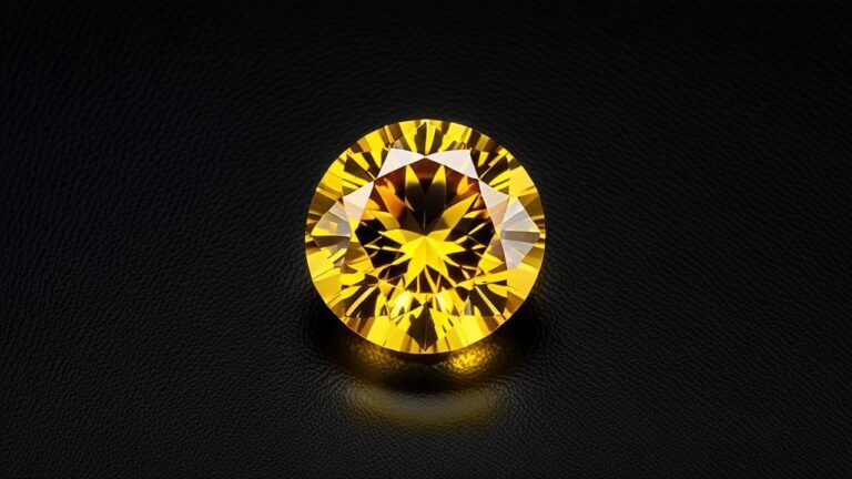 Round brilliant-cut citrine gemstone with vibrant golden-yellow color on a black textured background