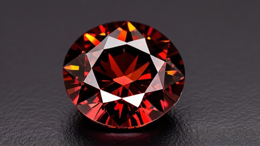 Round-cut pyrope garnet gemstone with intense fire and brilliance on a dark surface