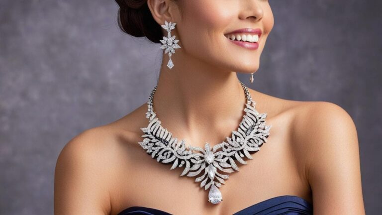Smiling woman wearing a dramatic diamond statement necklace and floral drop earrings, styled for a black-tie or gala occasion