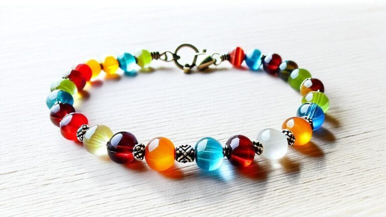 Bracelet made with multicolored round glass beads and decorative metal spacers arranged in a circular layout on wood.
