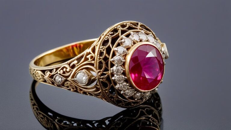 Victorian estate gold ring featuring a vibrant ruby center stone surrounded by diamonds with detailed filigree craftsmanship.
