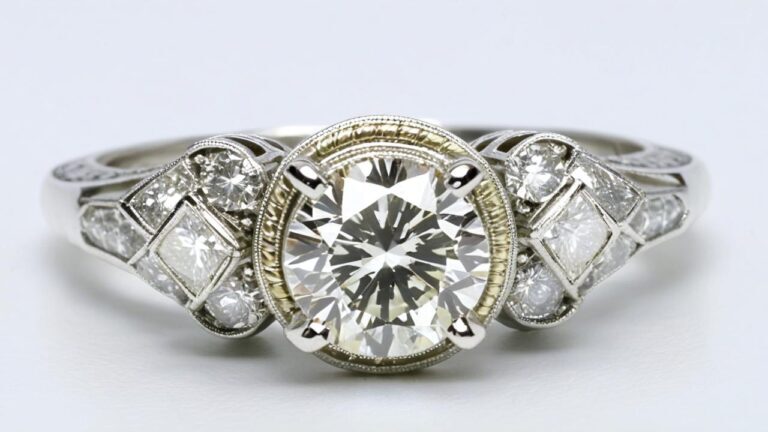 Vintage Art Deco diamond engagement ring with geometric white gold setting and side stones