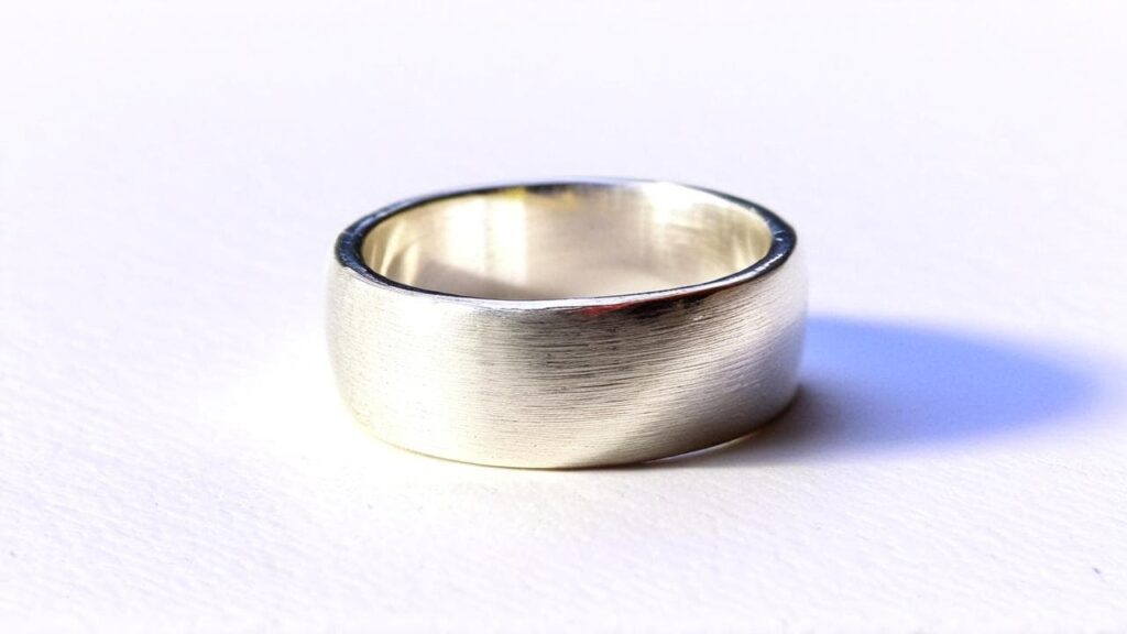 Minimalist chunky silver band ring with brushed finish, representative of 90s industrial style silver jewelry