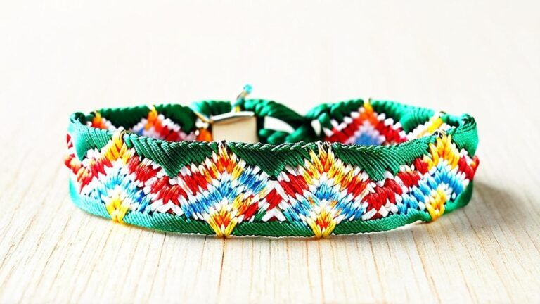 Handmade friendship bracelet with colorful zigzag pattern made from embroidery floss, popular 90s DIY jewelry