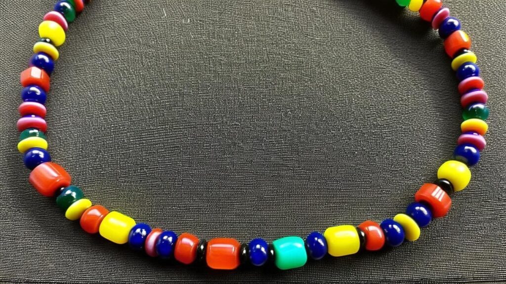Colorful plastic beaded necklace with bright primary colors, typical of 90s rave culture and club kid fashion