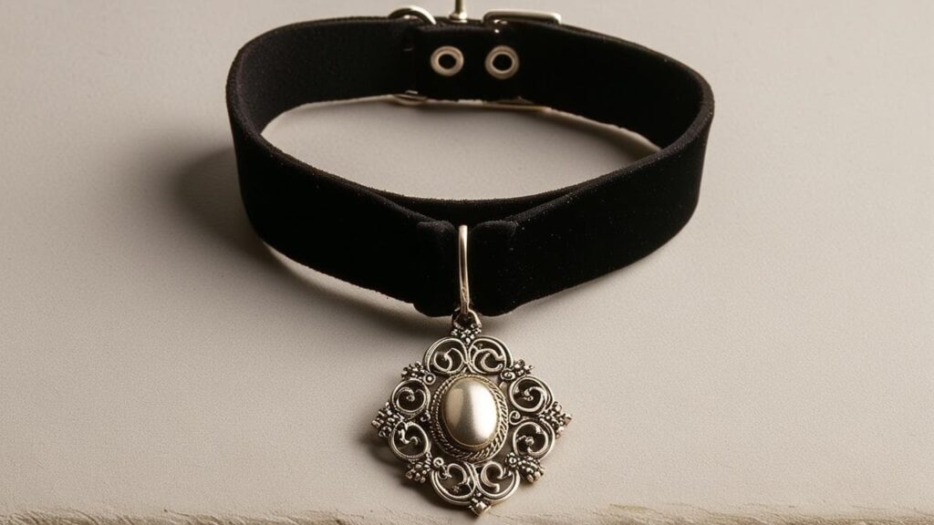Black velvet choker necklace with ornate silver pendant, popular 90s gothic style jewelry