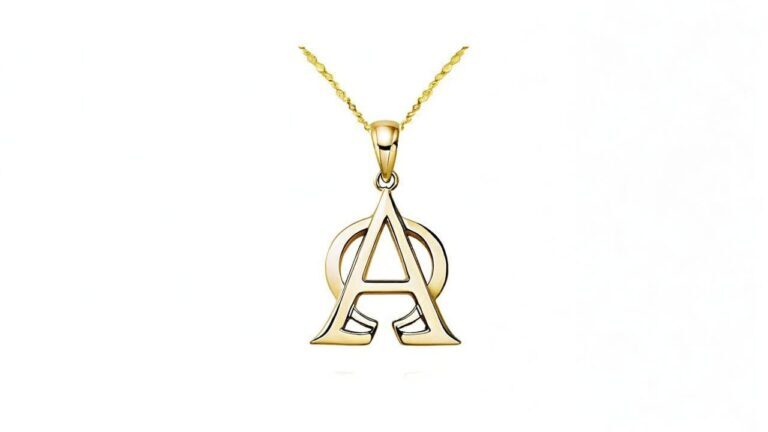 14K yellow gold Alpha Omega pendant necklace featuring overlapping Greek letters representing eternity