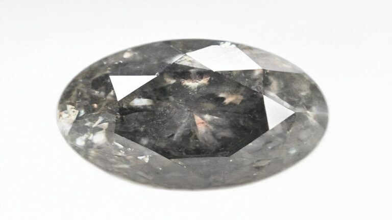 Oval cut salt and pepper diamond with dark inclusions showing the signature speckled appearance against white background