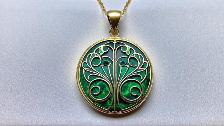 Art Nouveau tree of life pendant with flowing gold branches and green translucent enamel background in circular frame