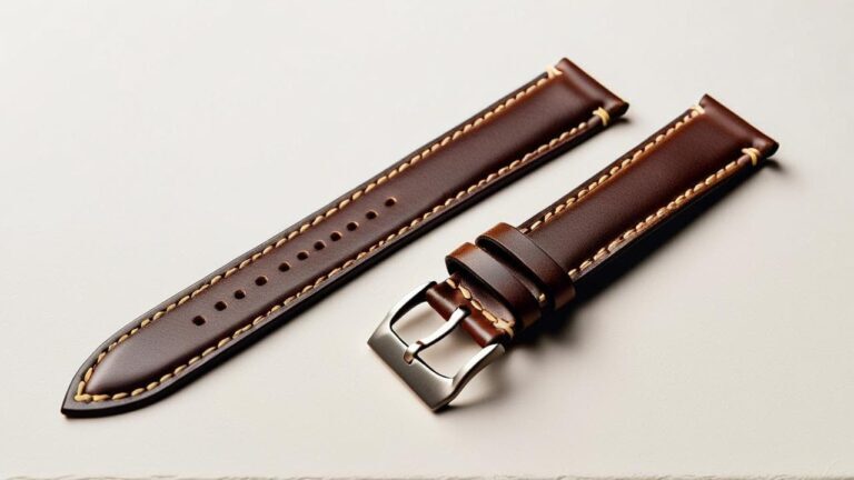 Quality brown leather watch strap with silver metal buckle and visible grain texture