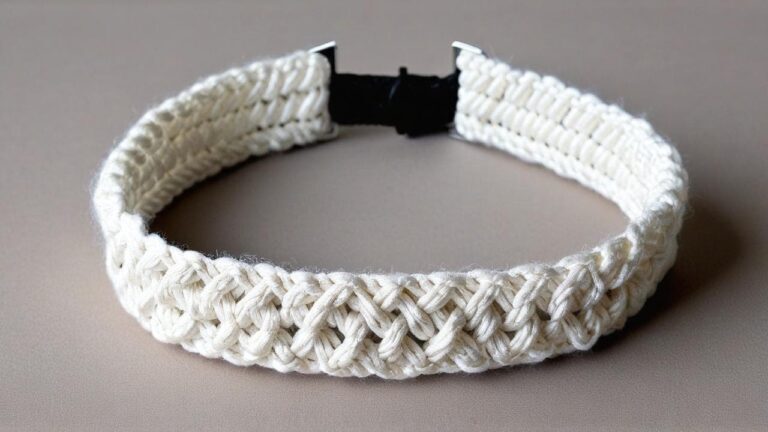 White cotton macramé choker with woven pattern and black adjustable closure