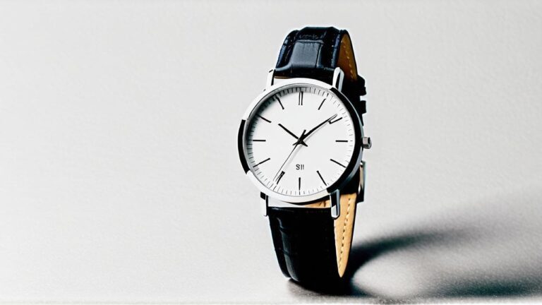 Elegant dress watch with black leather strap and minimalist white dial showing authentic luxury watch quality and construction