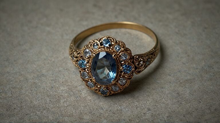 Close up of Georgian era style ring with foil backed blue sapphire in closed back setting showing ornate gold filigree work and period craftsmanship