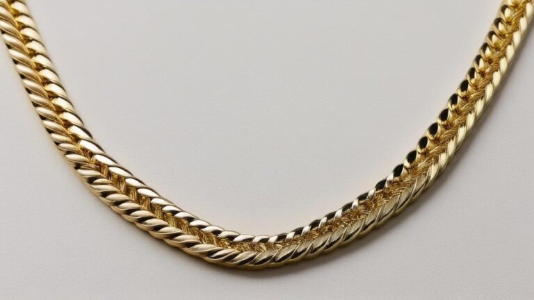 Gold herringbone chain necklace featuring flat V-shaped links creating smooth flexible band