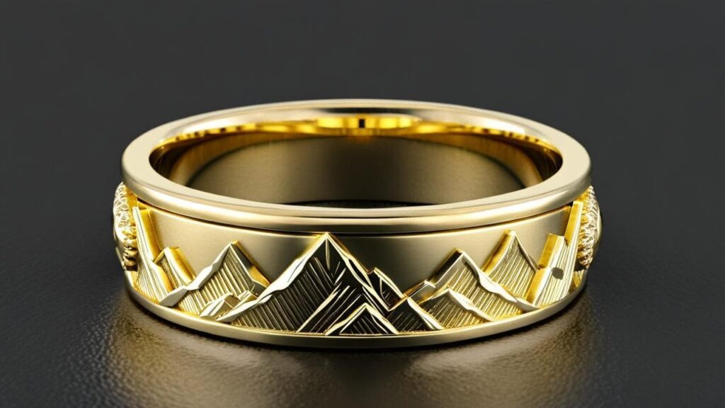 Gold wedding band with engraved mountain range design wrapping around the entire ring, symbolizing endurance and strength in marriage