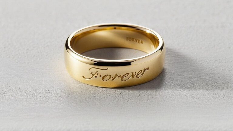 Gold wedding band with 'Forever' engraved inside on neutral background