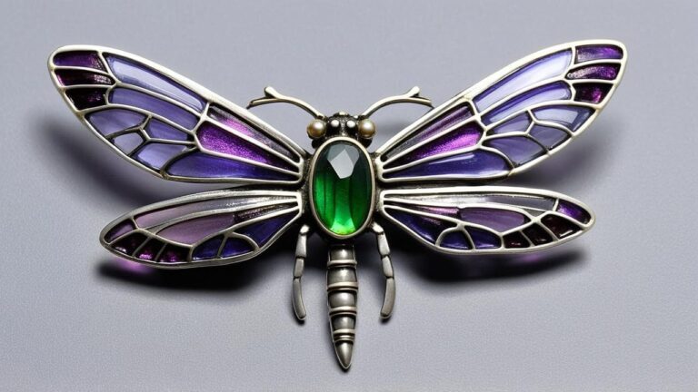 Plique-à-jour dragonfly brooch with purple translucent enamel wings and green central gemstone