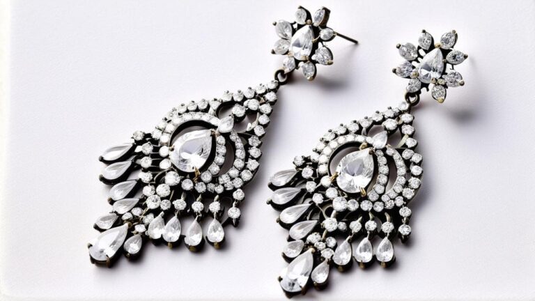 Elegant rhinestone chandelier earrings with clear tear-drop crystals and multiple tiers on neutral background