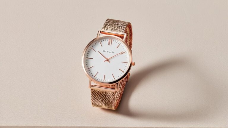 Rose gold minimalist watch with mesh bracelet potentially vulnerable to magnetic fields