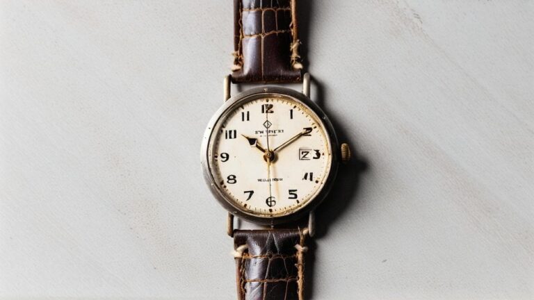 Antique mechanical watch with aged cream dial, Arabic numerals, and brown leather strap displaying natural patina from years of wear
