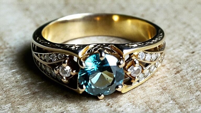 Bespoke custom-designed ring featuring blue topaz and intricate metalwork demonstrating the artisan craftsmanship and unique design possibilities of made-to-order jewelry