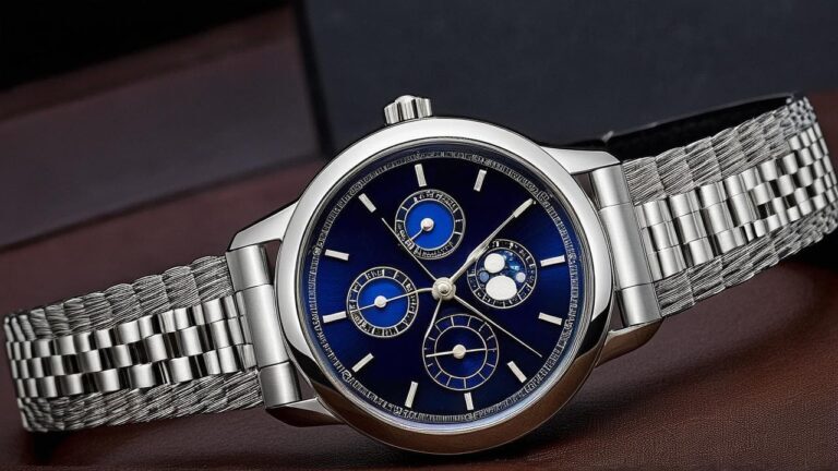 Luxury moonphase watch with deep blue dial, stainless steel bracelet, and multiple complications including moon phase display and calendar functions