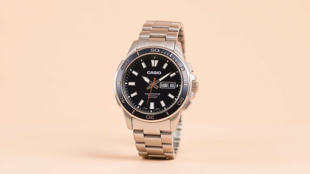 Casio analog dive watch with black dial, stainless steel bracelet, and unidirectional rotating bezel featuring luminous hour markers and date display